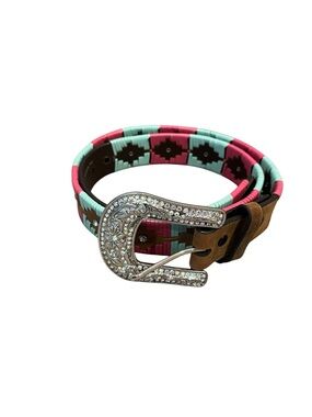 3D Leather Southwestern Lace Belt Pink Turquoise Rhinestone Embossed Buckle 30